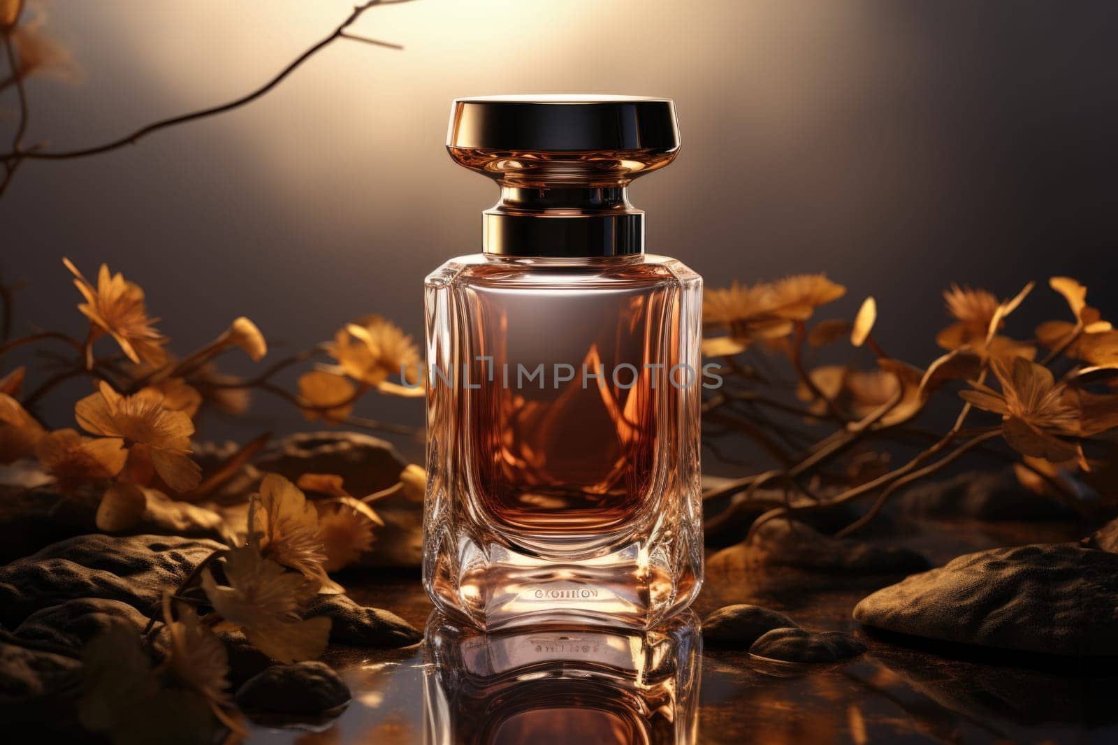 Floral perfume bottle, modern luxury lady perfume on dark background. AI generated.