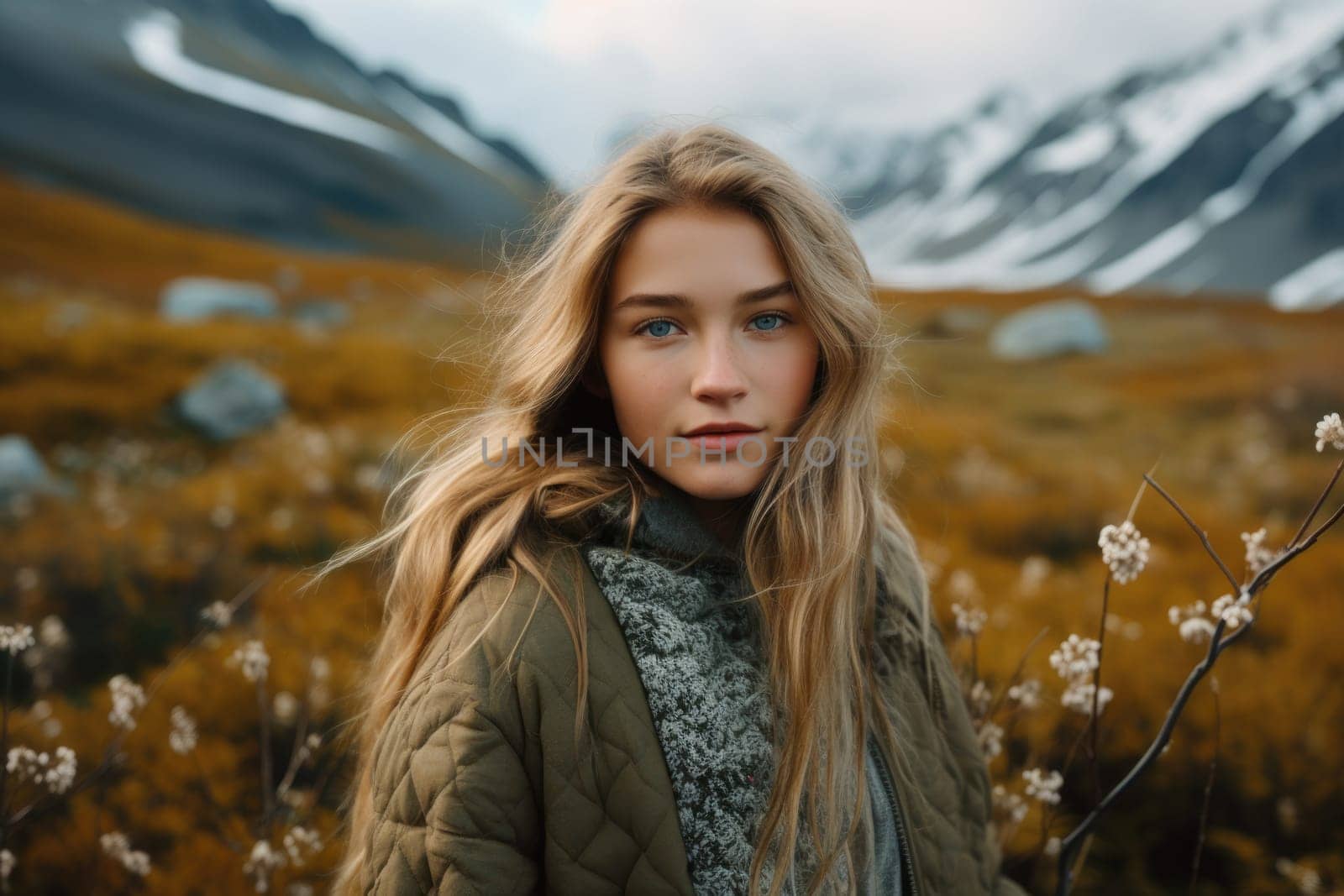 gen z woman travels through the mountains of wild nature. AI Generated by Desperada