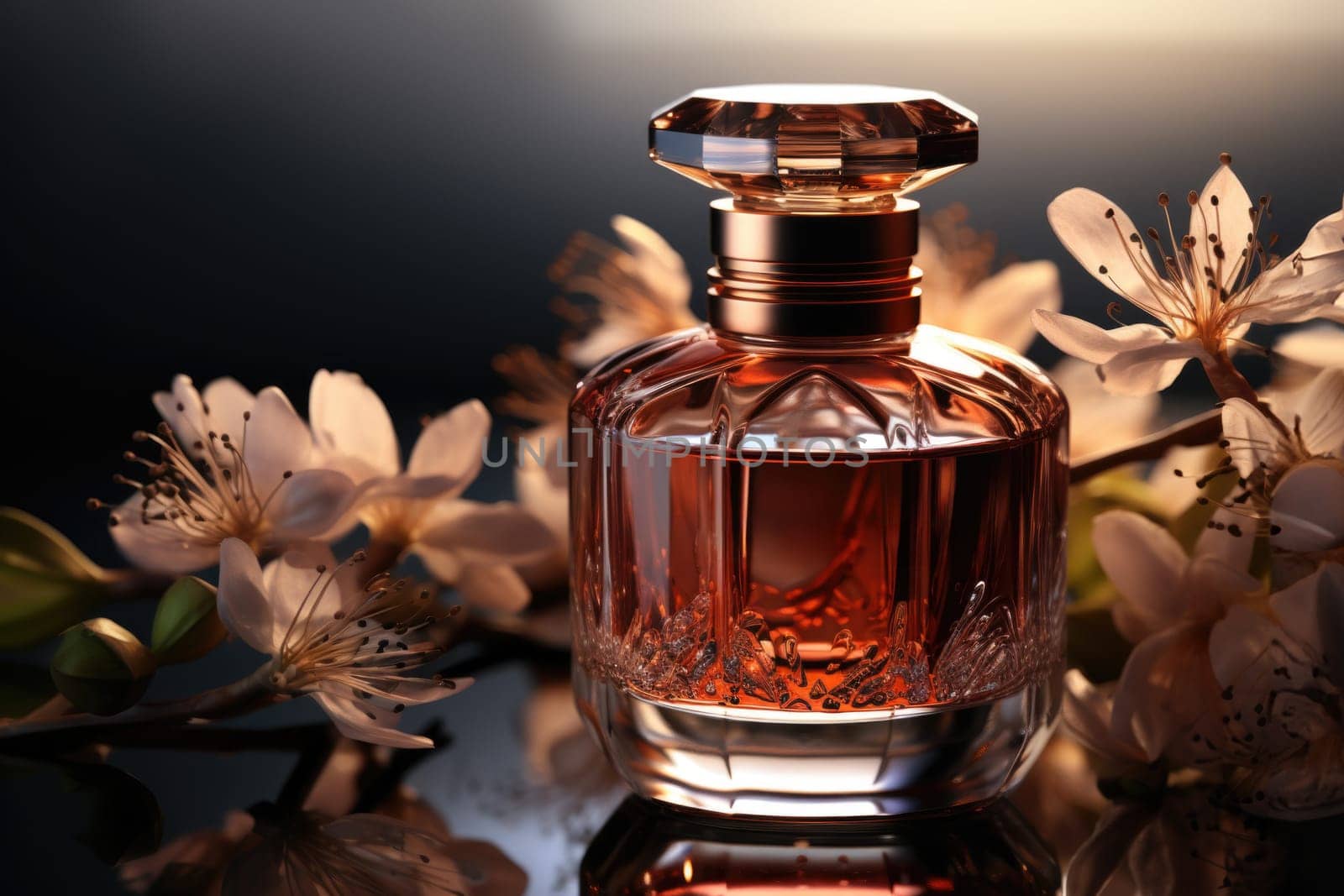 Floral perfume bottle, modern luxury lady perfume on dark background. AI generated by prathanchorruangsak