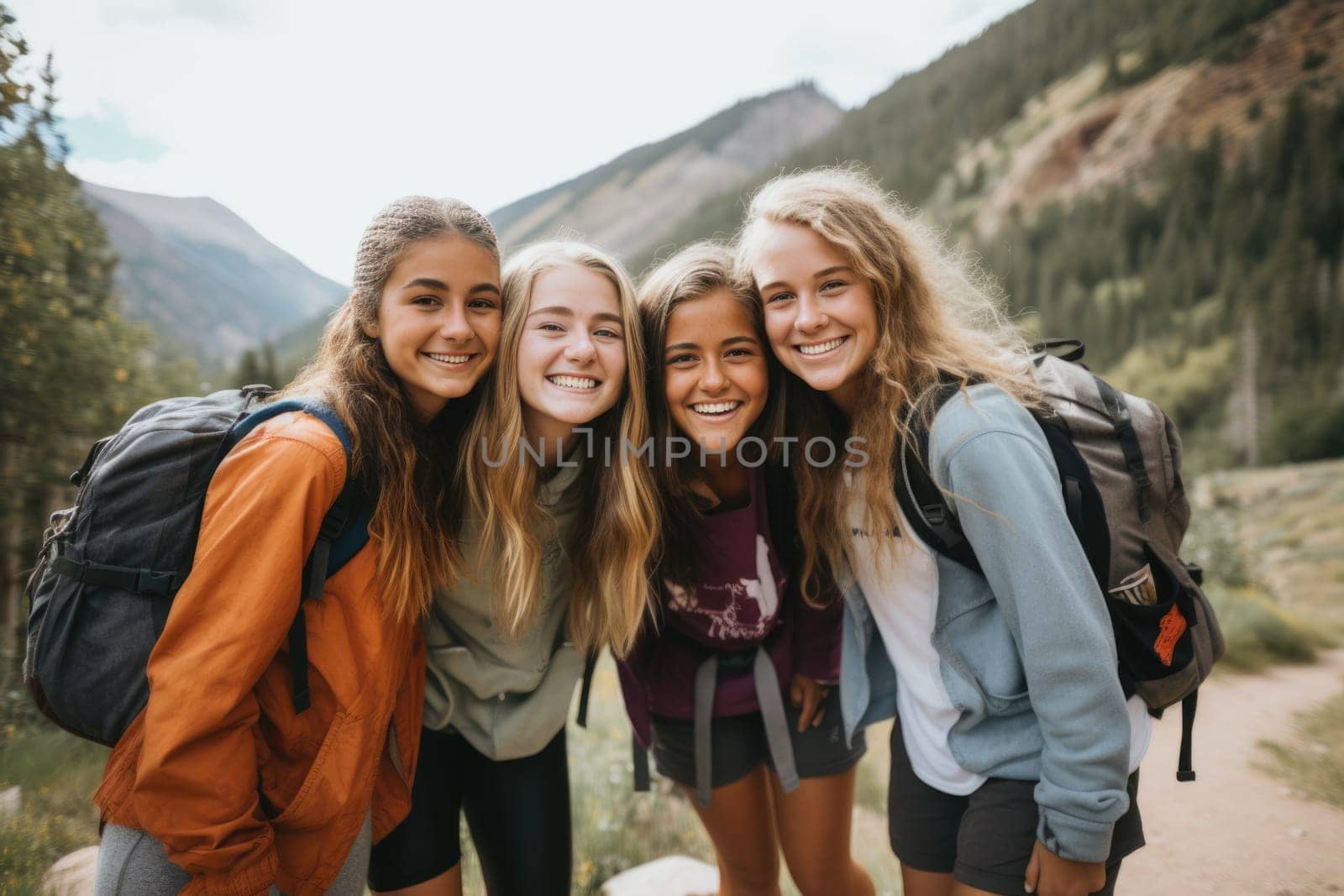 gen z woman travels through the mountains of wild nature. AI Generated by Desperada