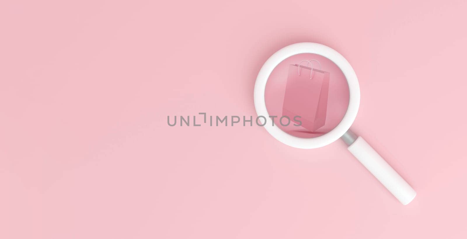 Shopping bag with magnifying glass on pink background. 3D rendering.