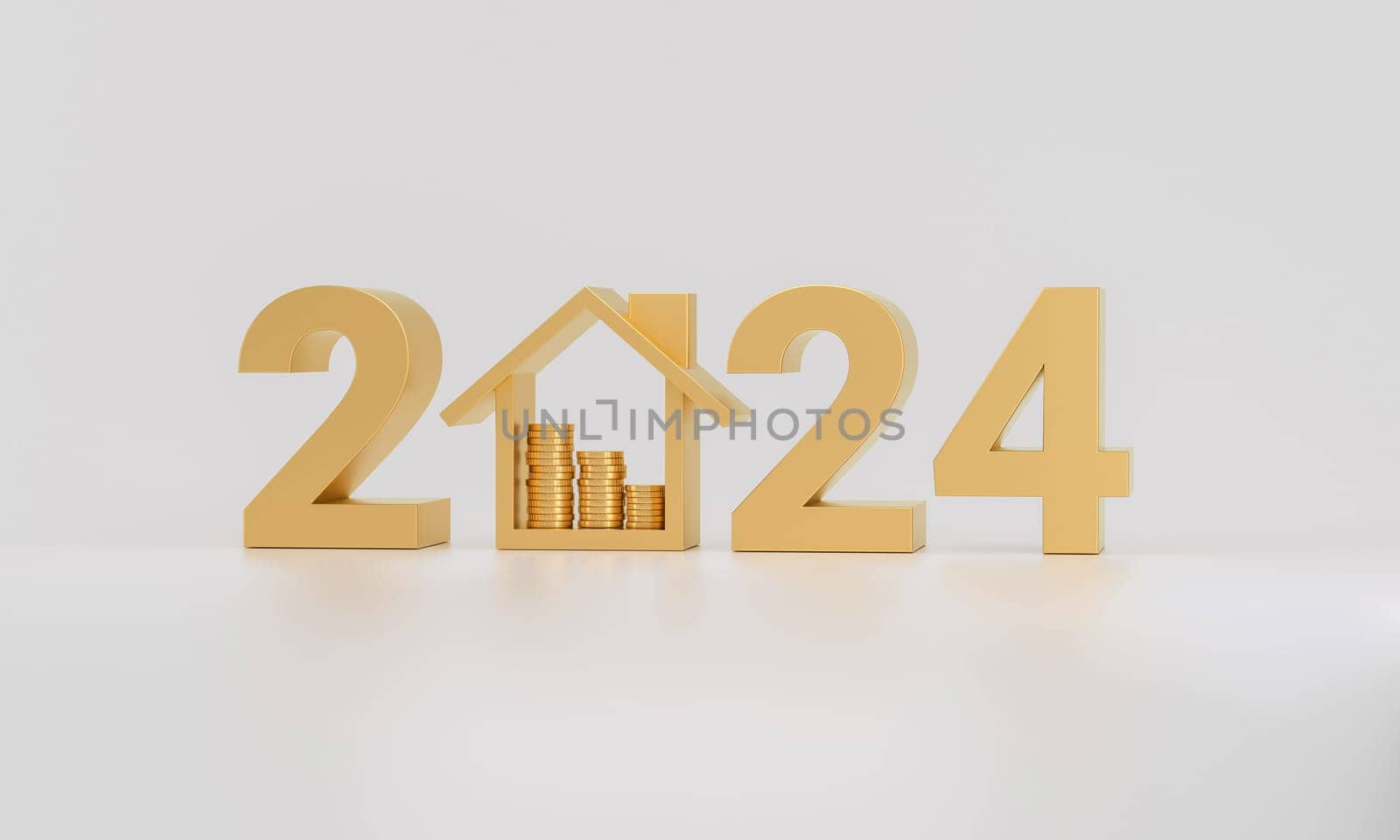 Golden number 2024 and house icon with Stack of Coins isolated on white background. 3D rendering.