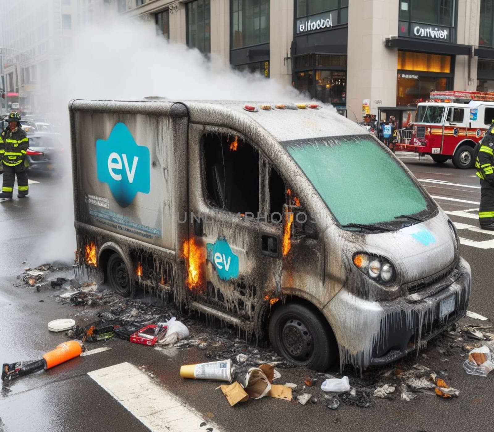 electric hybrid cargo courier truck burning, firefighter apply foam to extinguish flames big smoke by verbano