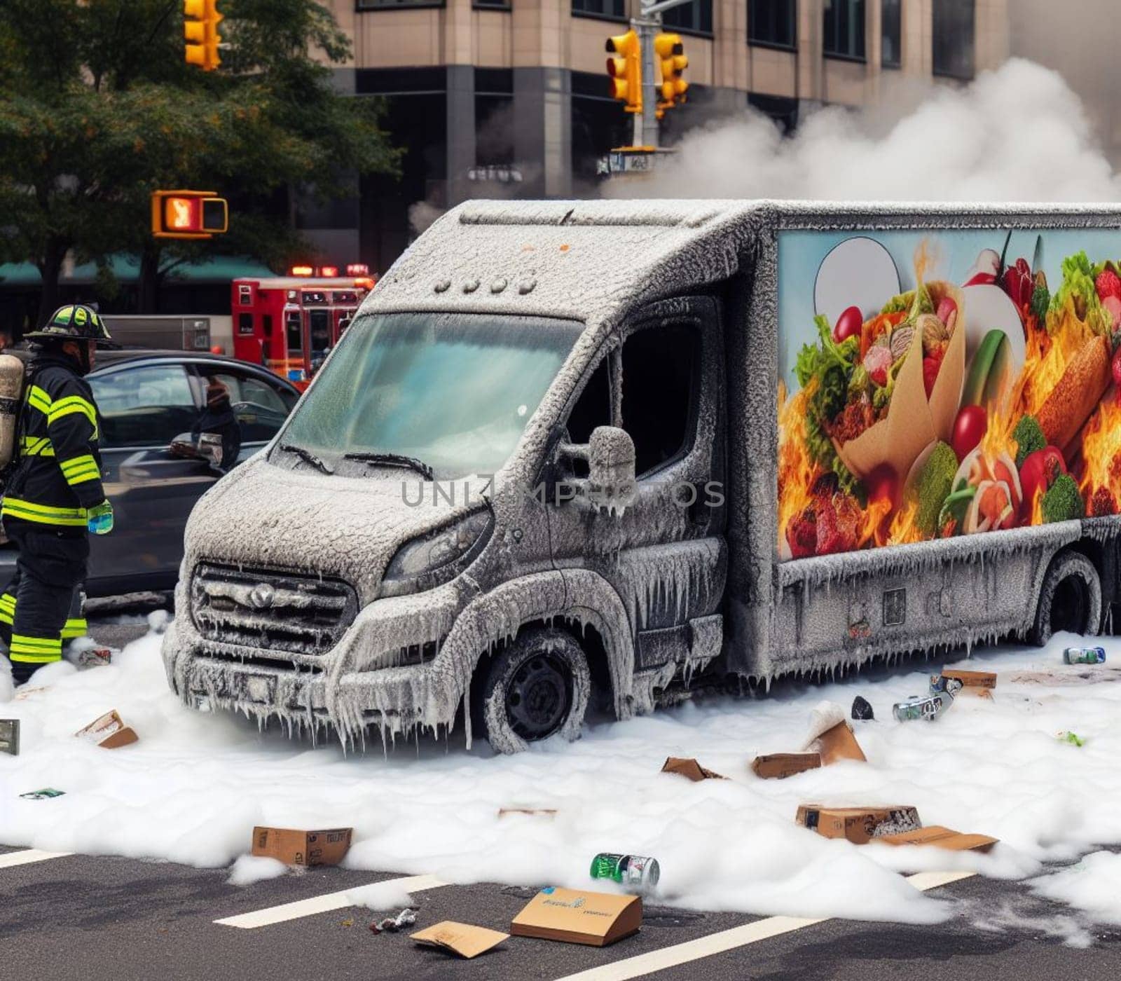 electric hybrid cargo courier truck burning, firefighter apply foam to extinguish flames big smoke by verbano