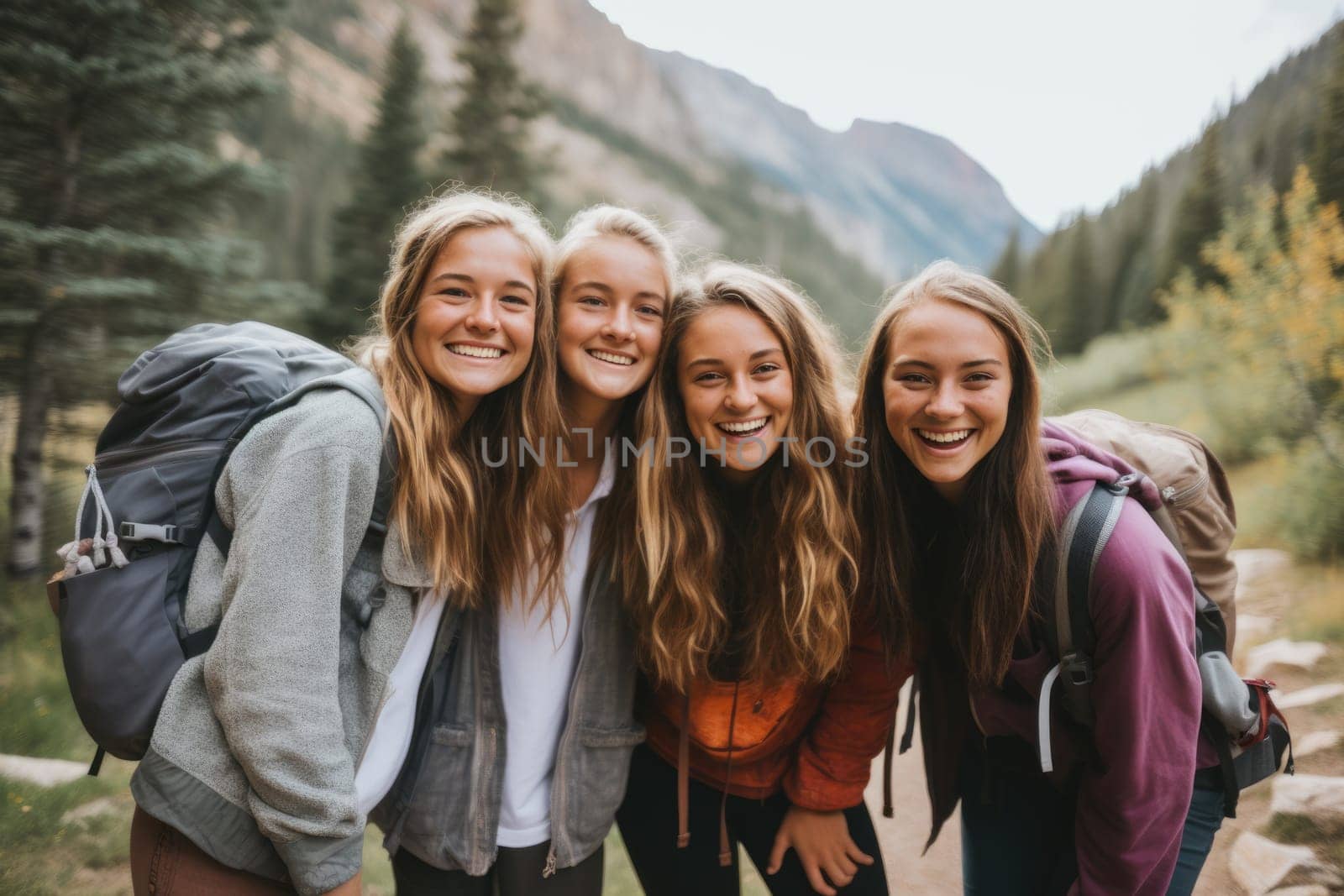 Eco travel and responsible tourism. gen z women travels through the mountains of wild nature. AI Generated