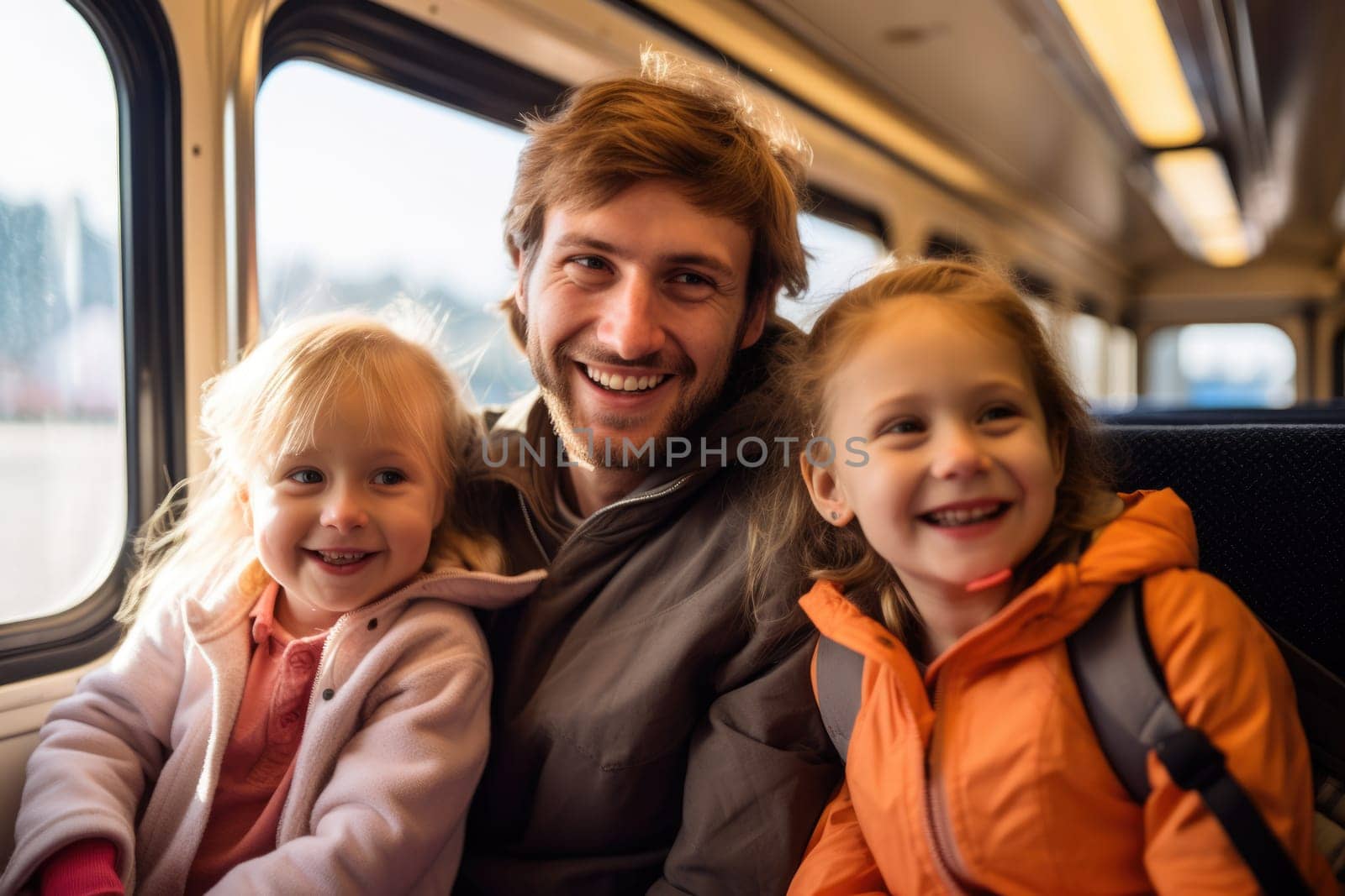 Eco travel and responsible tourism. happy family of parents and child travel by train. AI Generated