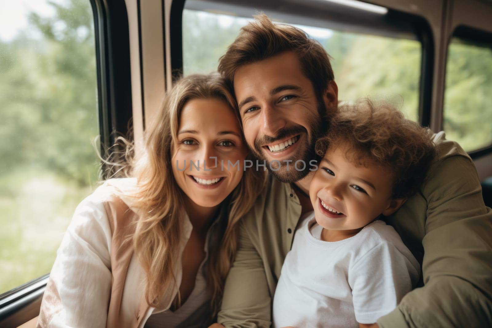 Eco travel and responsible tourism. happy family of parents and child travel by train. AI Generated