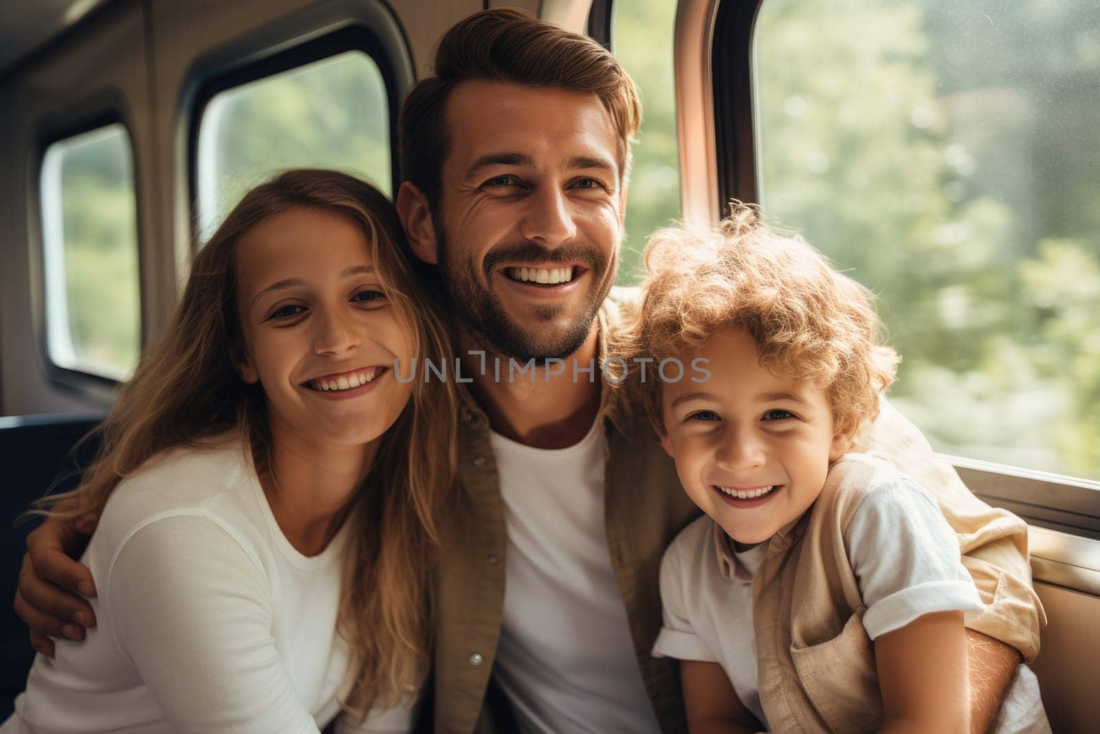 happy family of parents and child travel by train. AI Generated by Desperada