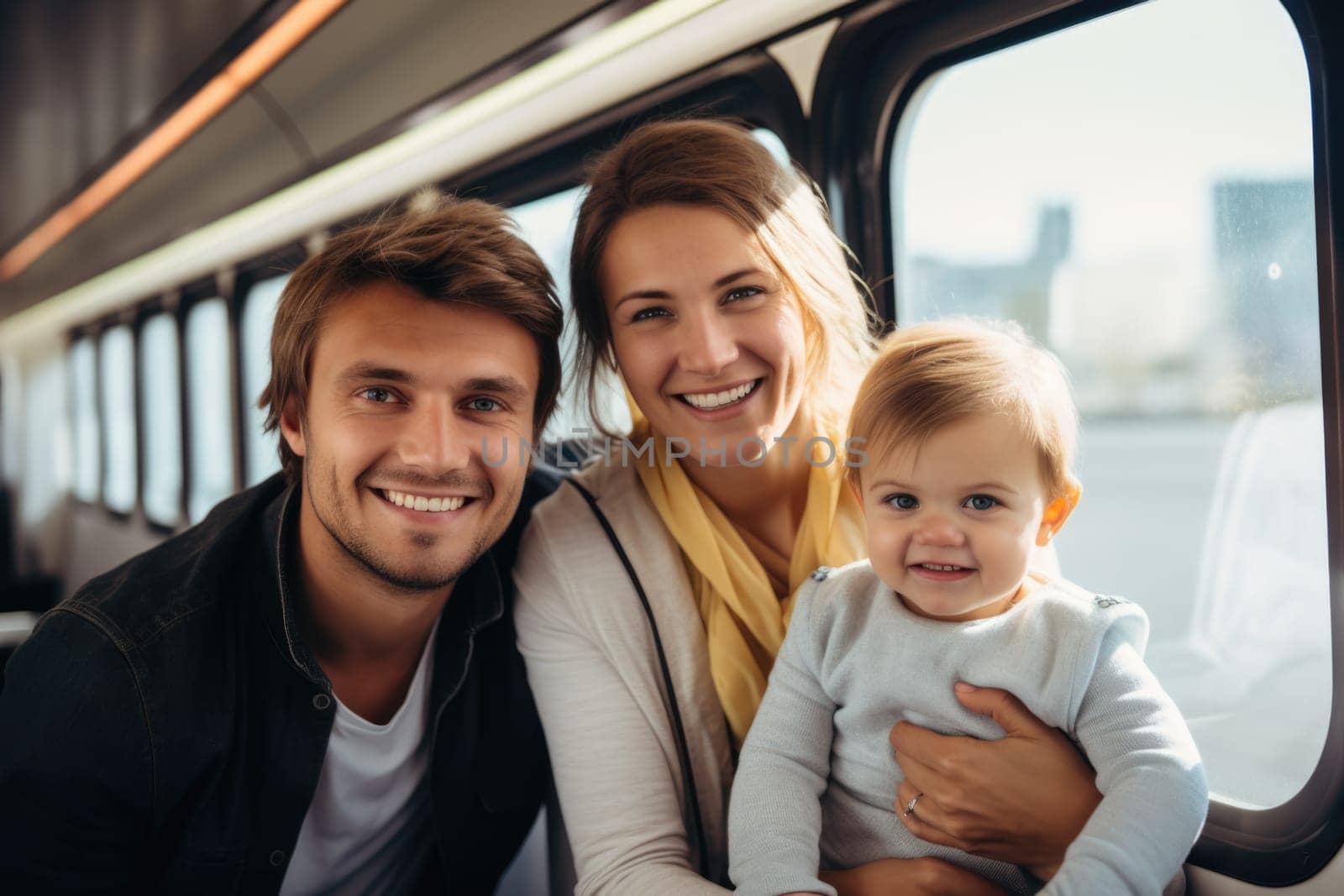 Eco travel and responsible tourism. happy family of parents and child travel by train. AI Generated