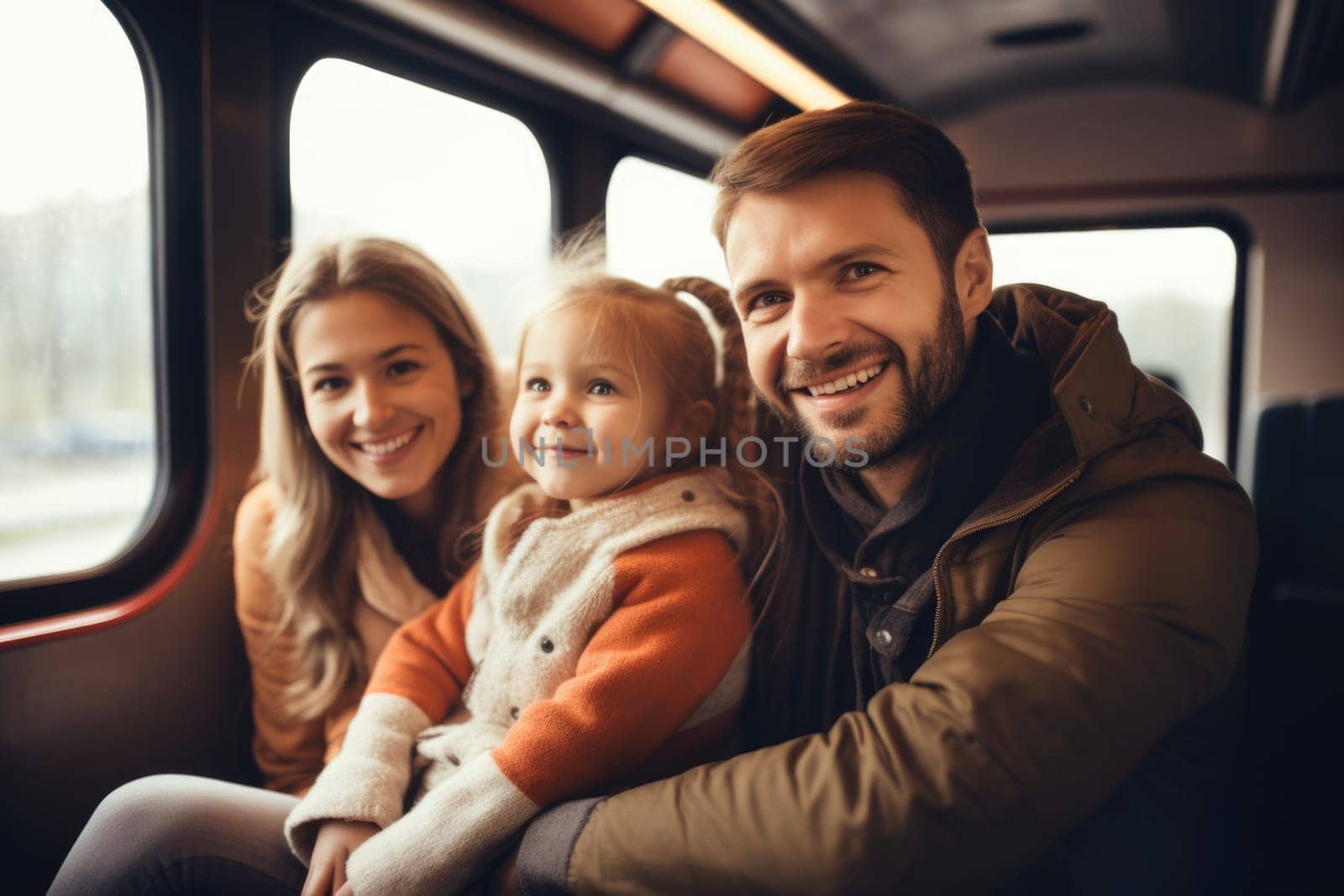 happy family of parents and child travel by train. AI Generated by Desperada