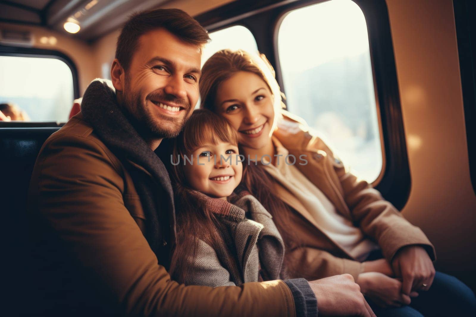 Eco travel and responsible tourism. happy family of parents and child travel by train. AI Generated