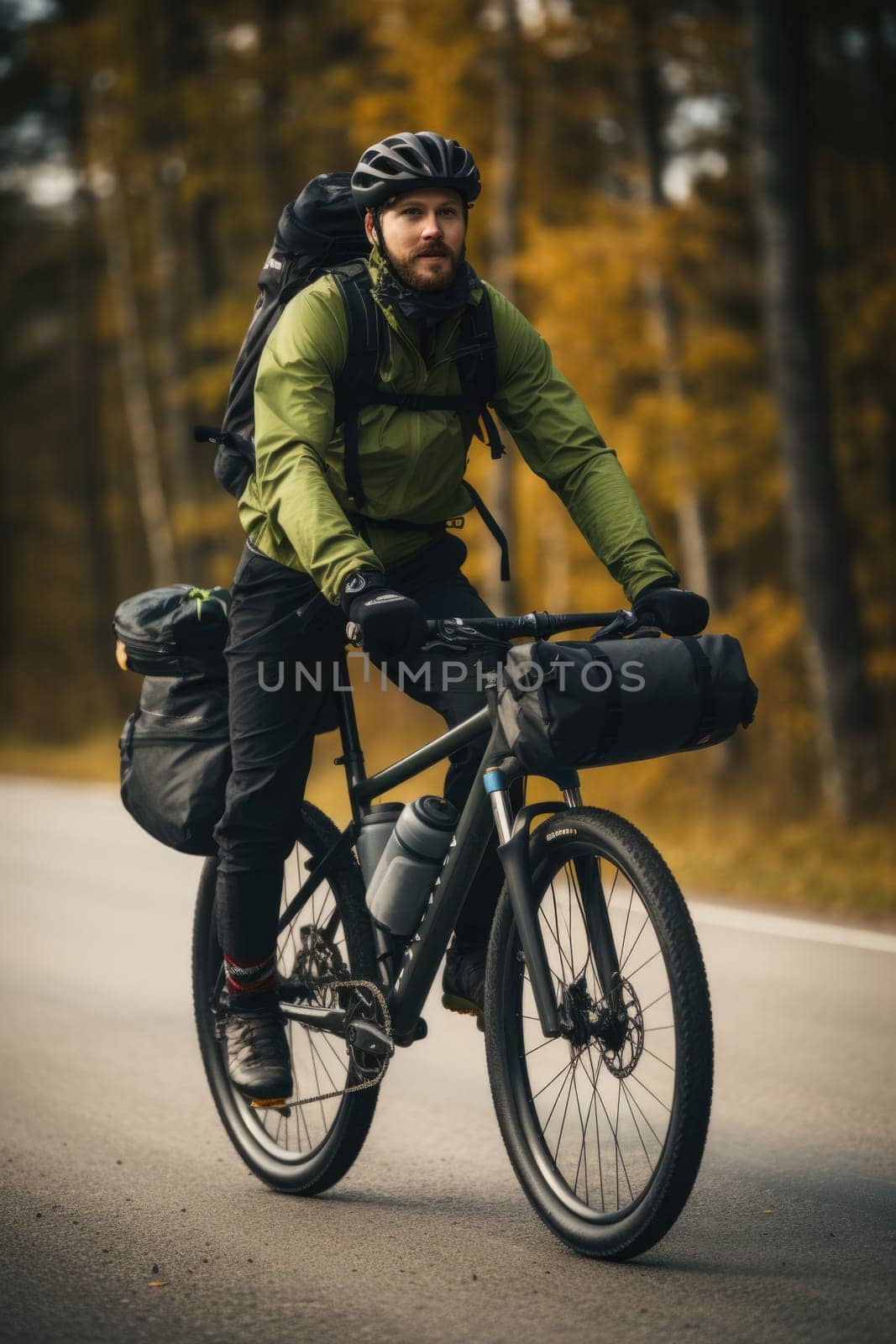 Eco travel and responsible tourism. Male cyclist on touring bicycle cycling. AI Generated