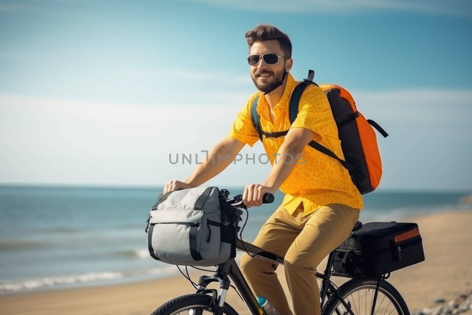 Eco travel and responsible tourism. Male cyclist on touring bicycle cycling. AI Generated