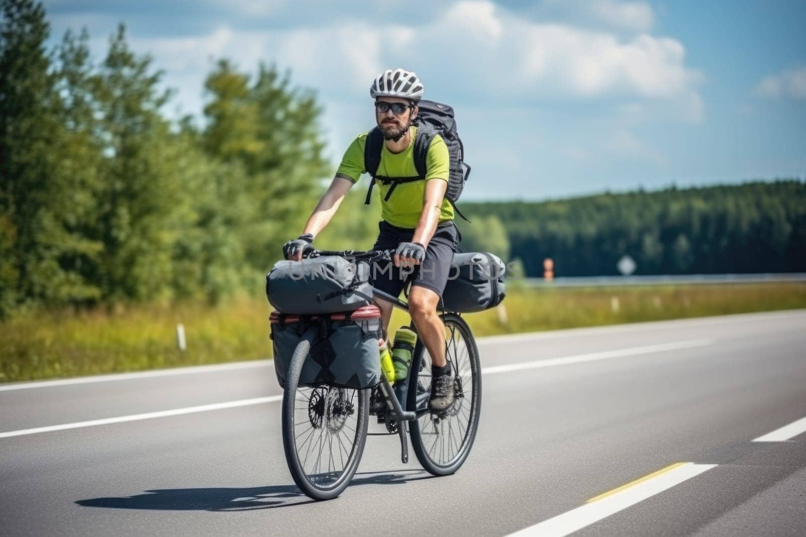 Eco travel and responsible tourism. Male cyclist on touring bicycle cycling. AI Generated