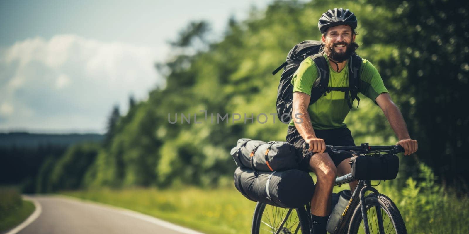 Eco travel and responsible tourism. Male cyclist on touring bicycle cycling. AI Generated