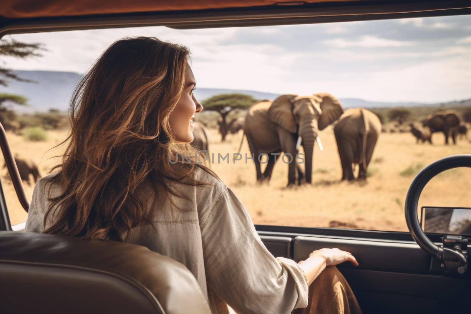Eco travel and responsible tourism. Woman tourist on a safari in Africa, traveling by car with an open roof. AI Generated
