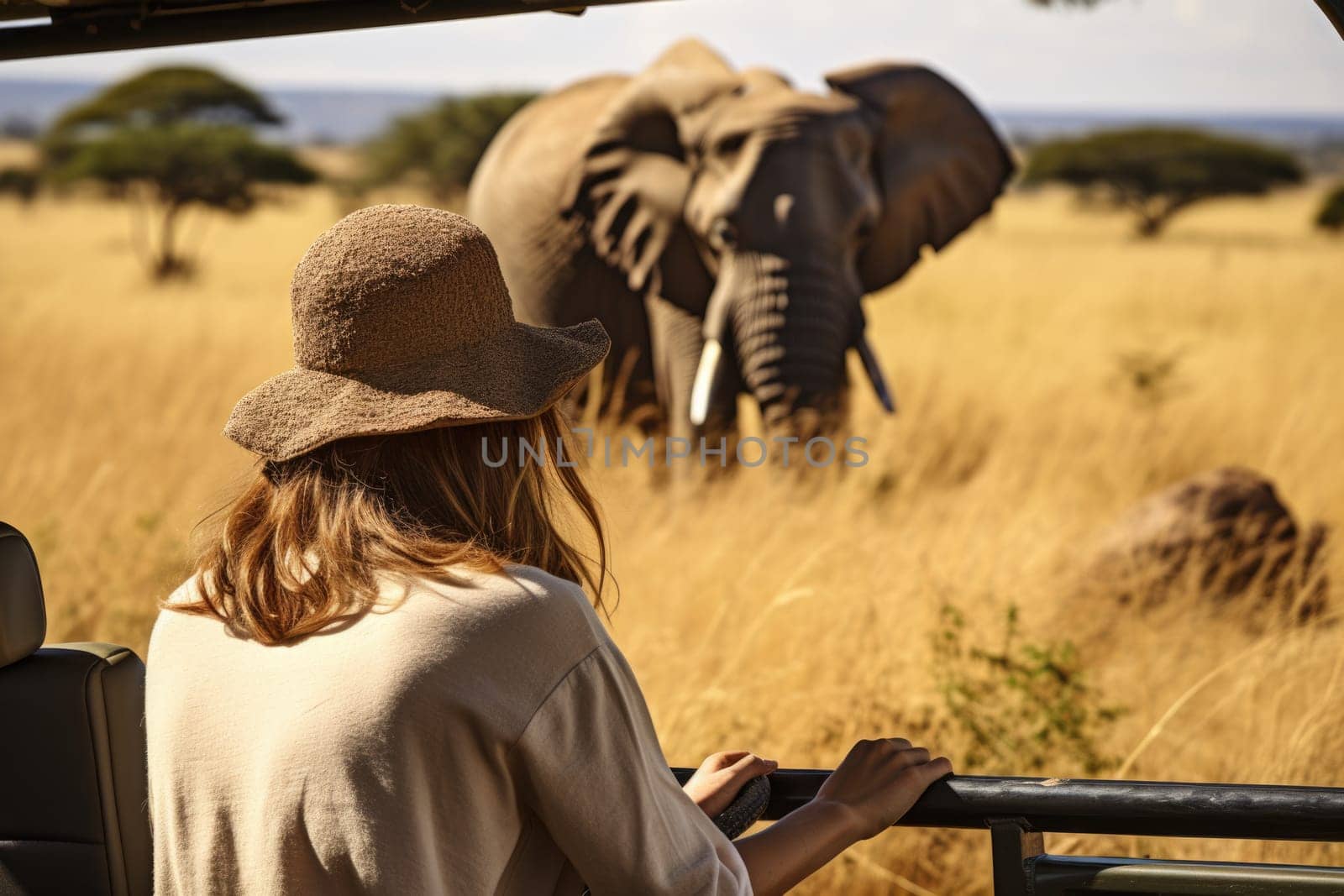 Eco travel and responsible tourism. Woman tourist on a safari in Africa, traveling by car with an open roof. AI Generated