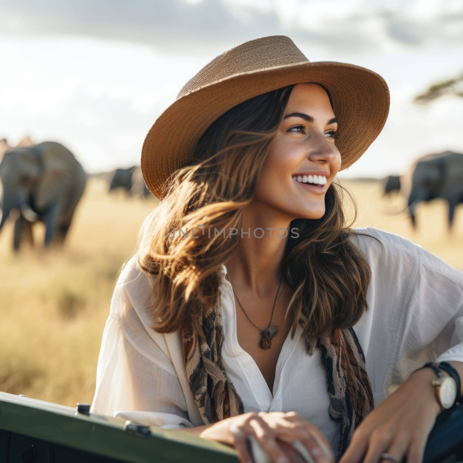 Woman tourist on a safari in Africa, traveling by car with an open roof. AI Generated by Desperada