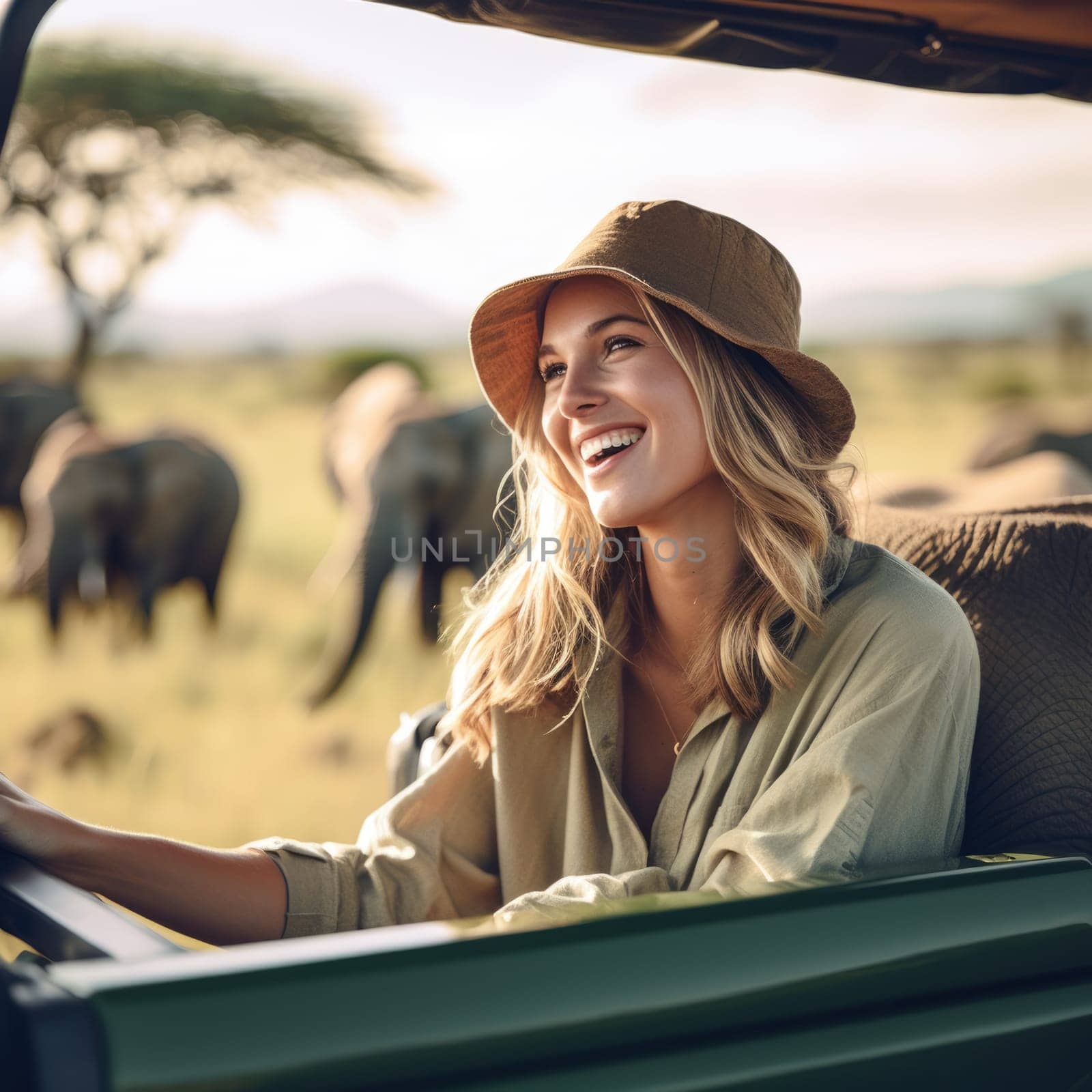 Woman tourist on a safari in Africa, traveling by car with an open roof. AI Generated by Desperada