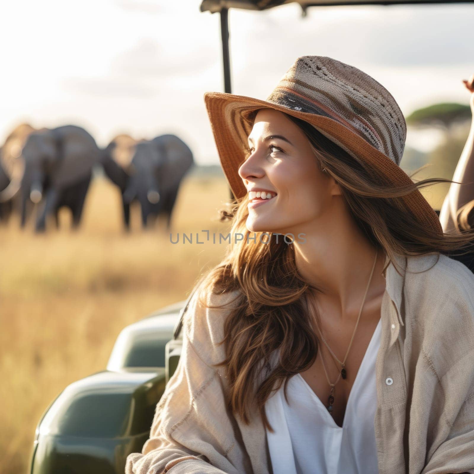 Woman tourist on a safari in Africa, traveling by car with an open roof. AI Generated by Desperada