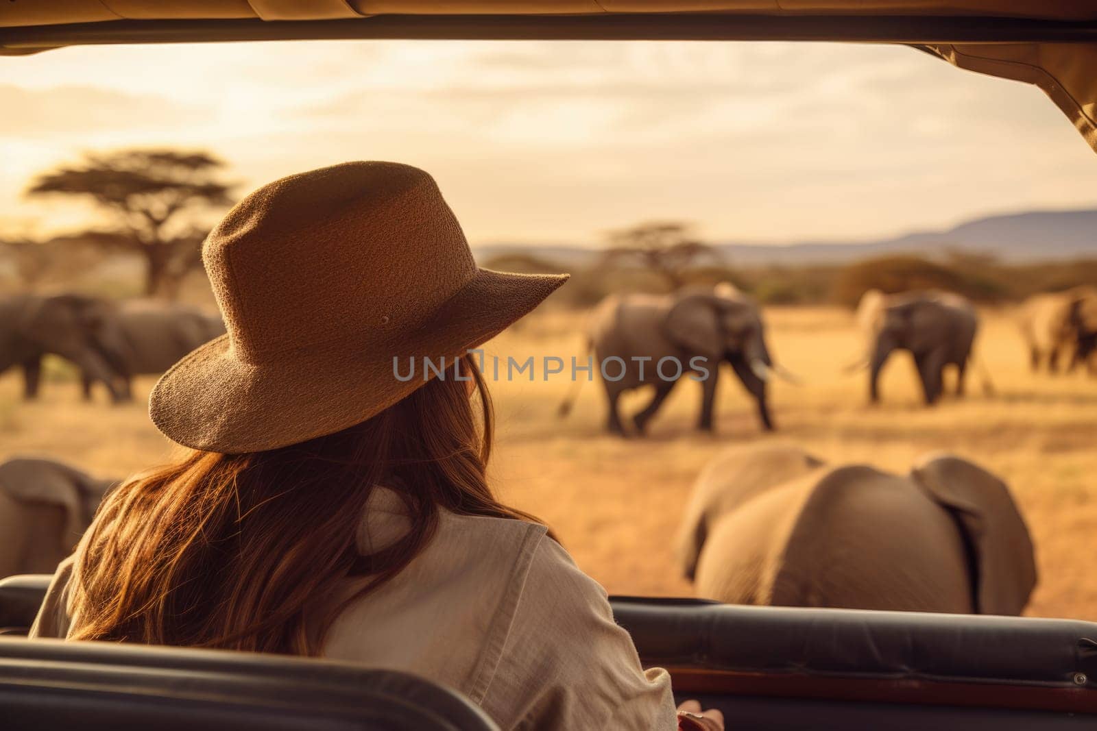 Eco travel and responsible tourism. Woman tourist on a safari in Africa, traveling by car with an open roof. AI Generated