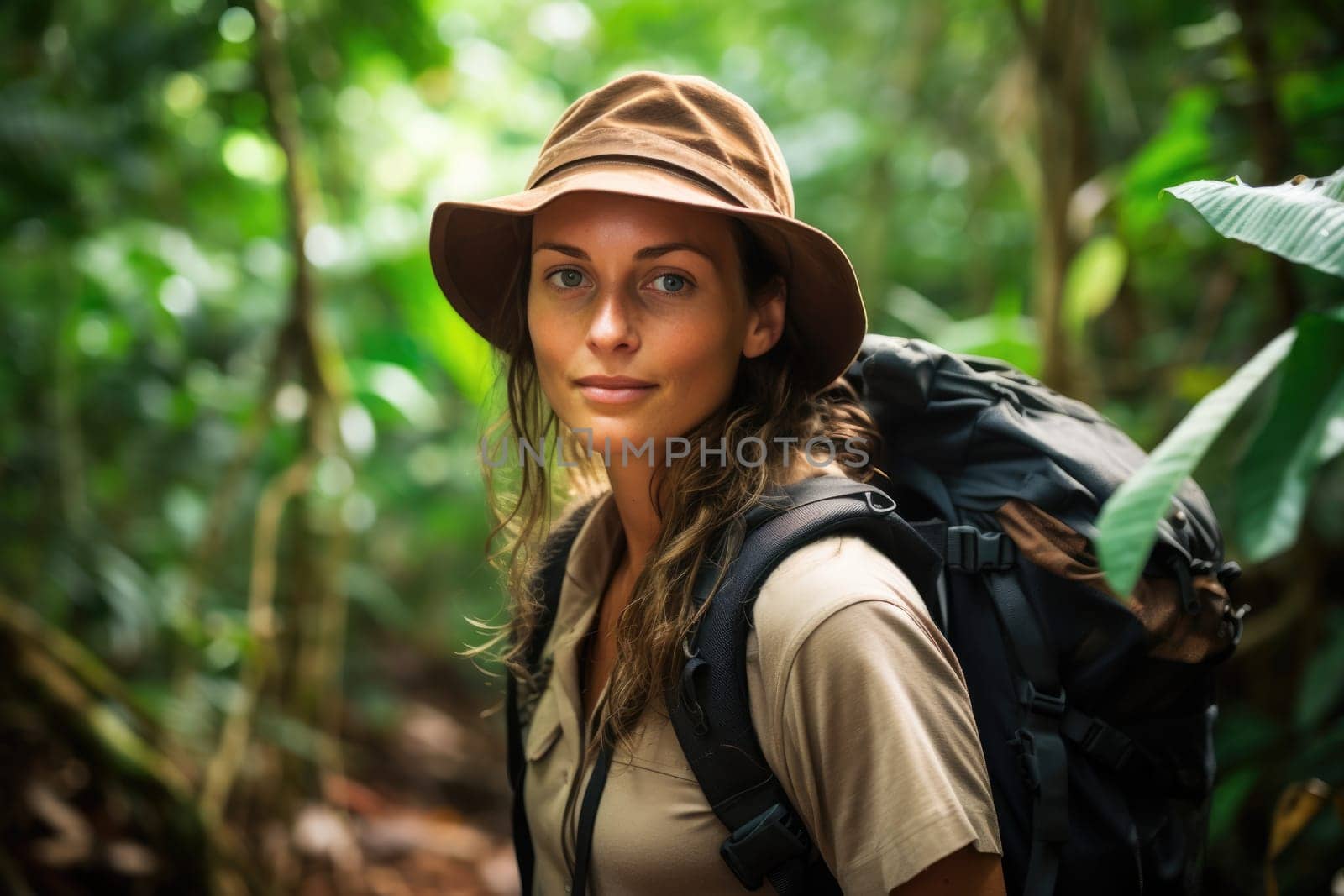 Woman on safary in the jungle. AI Generated by Desperada
