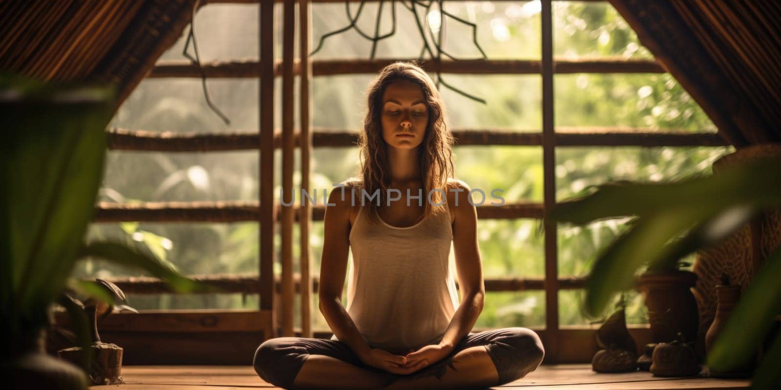 Young woman practicing yoga in bamboo house. AI Generated by Desperada