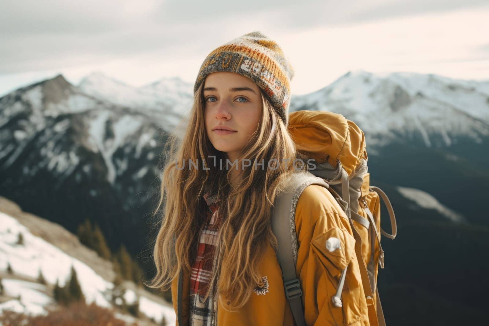 Eco travel and responsible tourism. gen z woman travels through the mountains of wild nature. AI Generated
