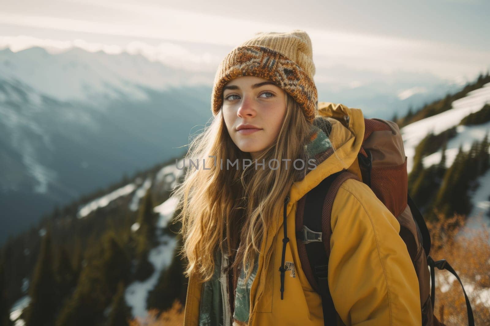 gen z woman travels through the mountains of wild nature. AI Generated by Desperada