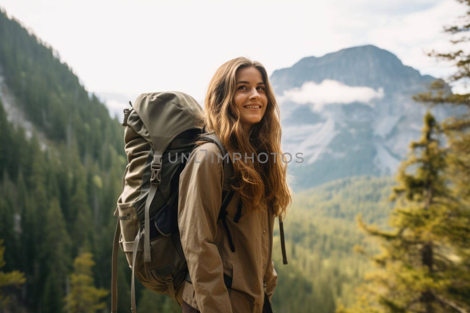 Eco travel and responsible tourism. gen z woman travels through the mountains of wild nature. AI Generated