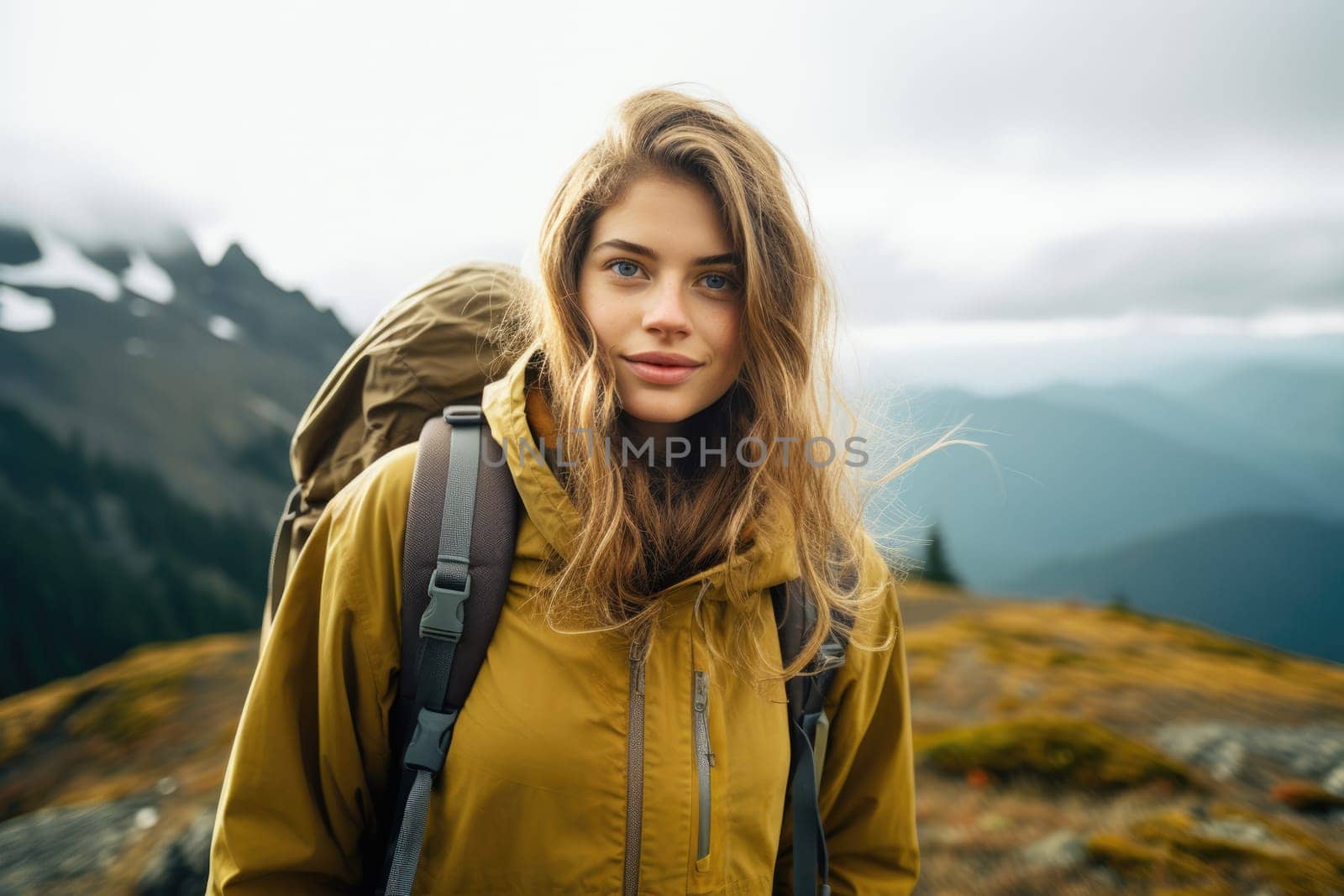 Eco travel and responsible tourism. gen z woman travels through the mountains of wild nature. AI Generated