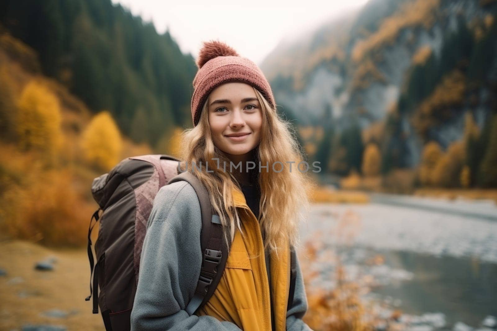 Eco travel and responsible tourism. gen z woman travels through the mountains of wild nature. AI Generated