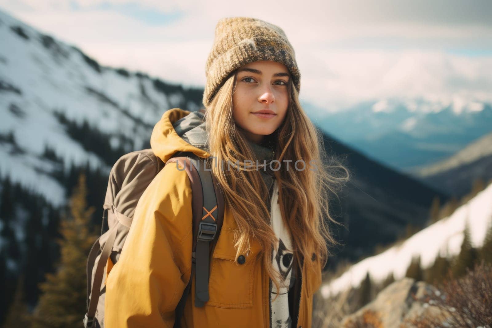 Eco travel and responsible tourism. gen z woman travels through the mountains of wild nature. AI Generated