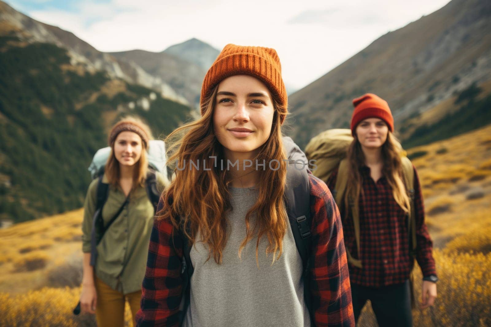 gen z women travels through the mountains of wild nature. AI Generated by Desperada