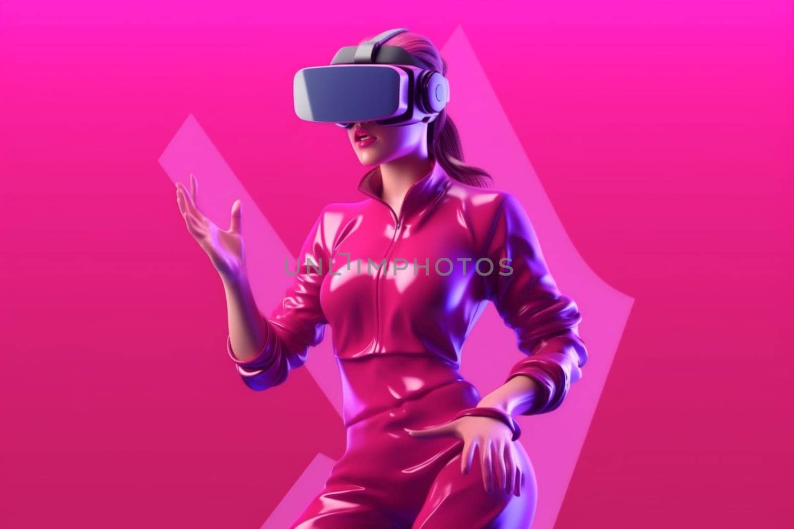 reality woman entertainment freedom virtual headset person glasses cyberspace 3d internet innovation vr game connect neon sport background concept colorful digital. Generative AI.