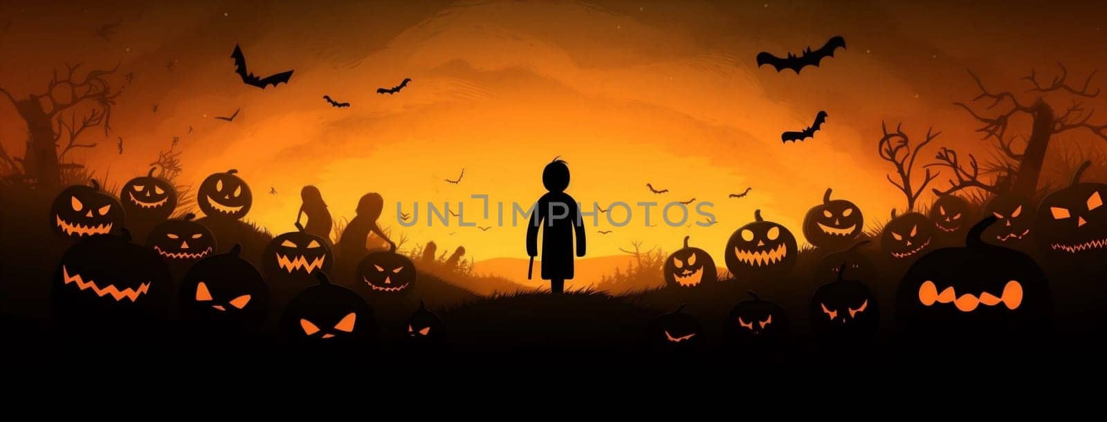 trick dark celebration ghost scary horror bat black fall glowing halloween pumpkin autumn orange holiday farm night light october background. Generative AI.