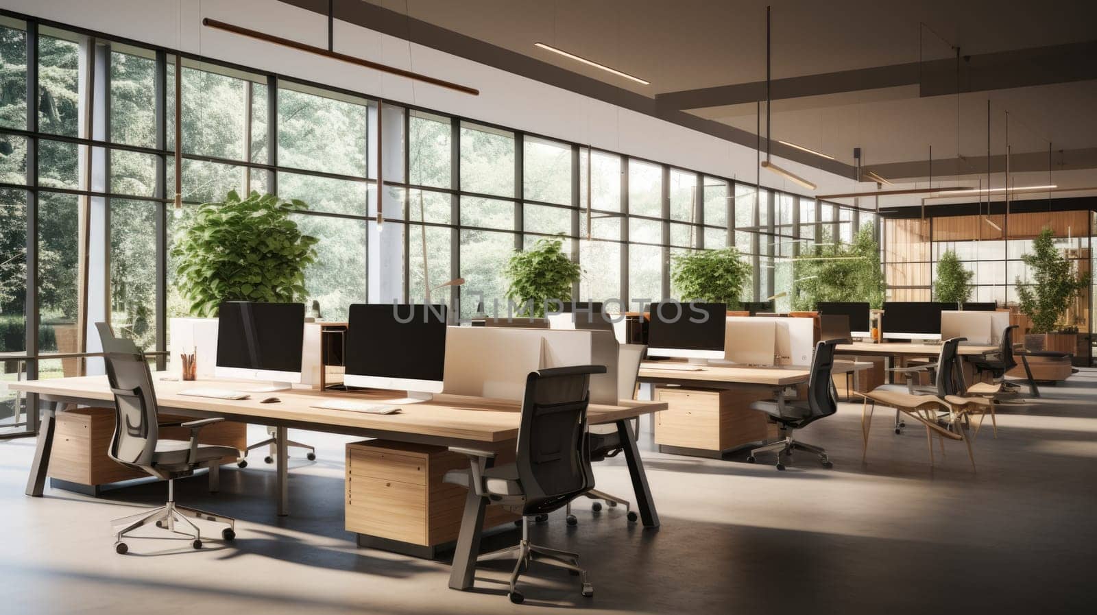 An open concept office area photo realistic illustration - Generative AI. Tables, chairs, monitor, window.