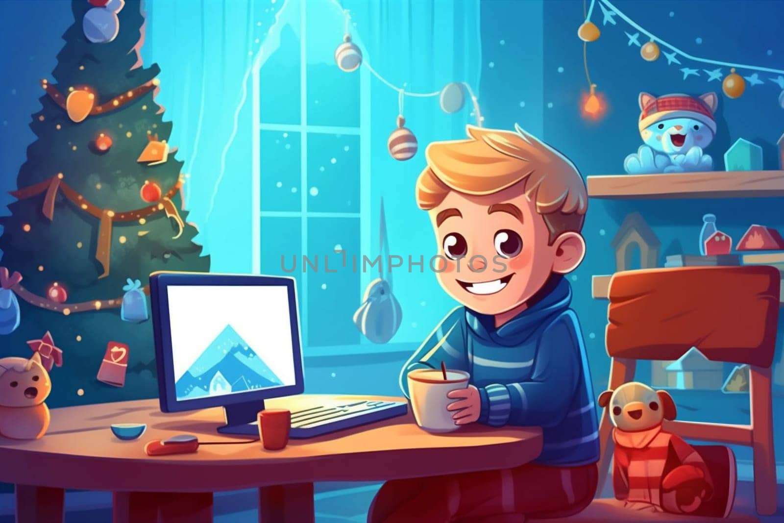 christmas video home computer child baby laptop happy chat cyberspace. Generative AI. by Vichizh