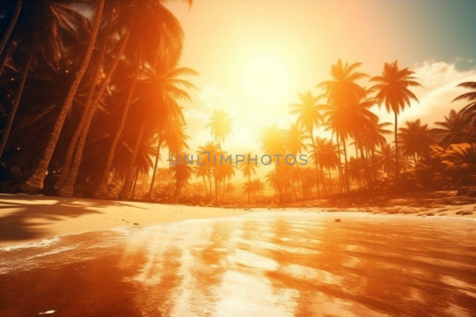 sunrise ocean sea palm beach island landscape sunset sun sky. Generative AI. by Vichizh