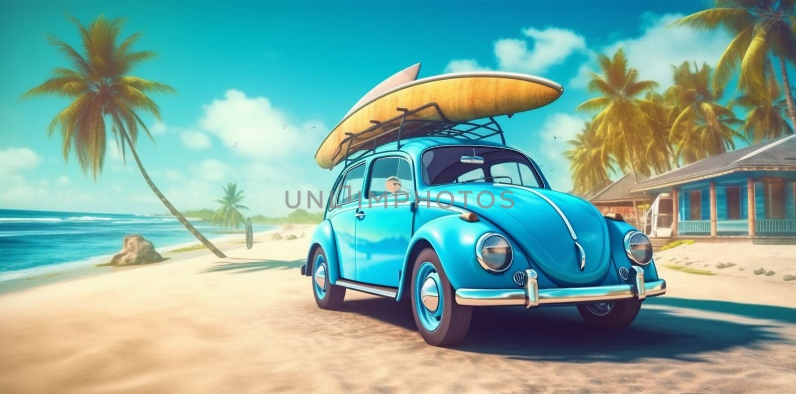 tropical retro trip car vintage road travel vacation summer beach. Generative AI. by Vichizh