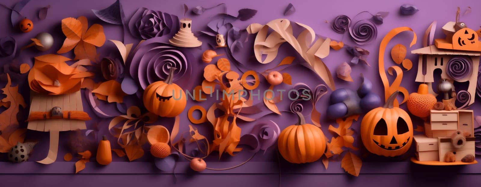 pumpkin orange celebration party holiday purple halloween spider sweet candy. Generative AI. by Vichizh