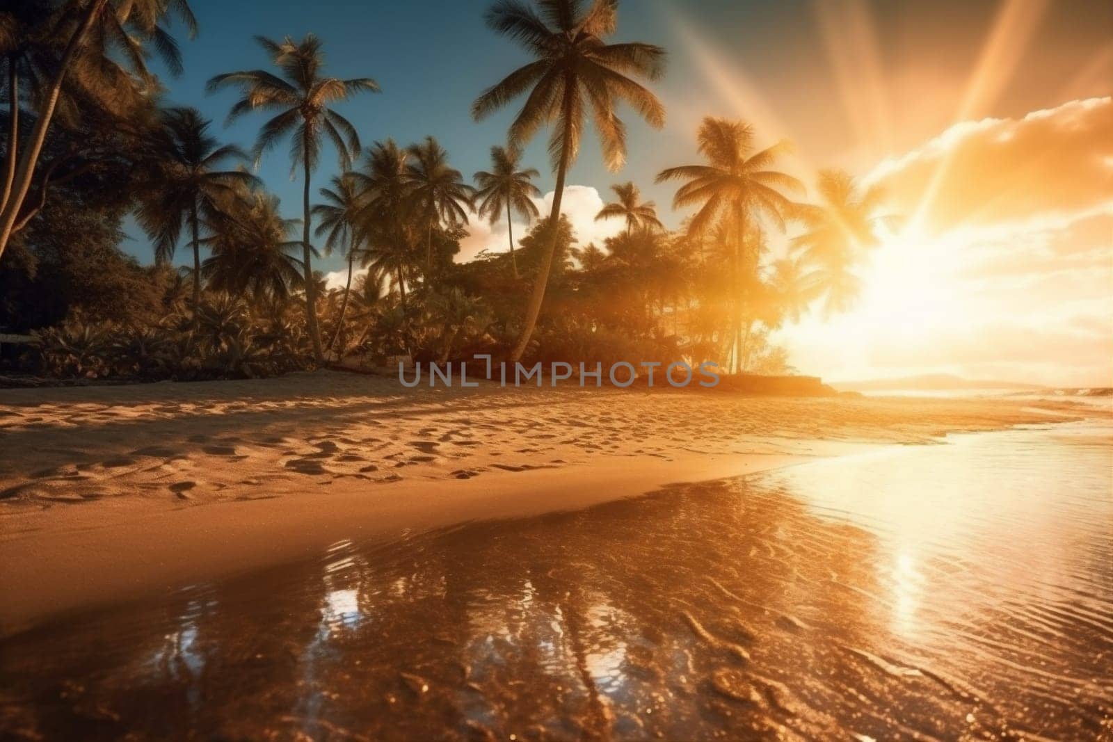 landscape island sunrise palm sunset ocean sky beach sea sun. Generative AI. by Vichizh