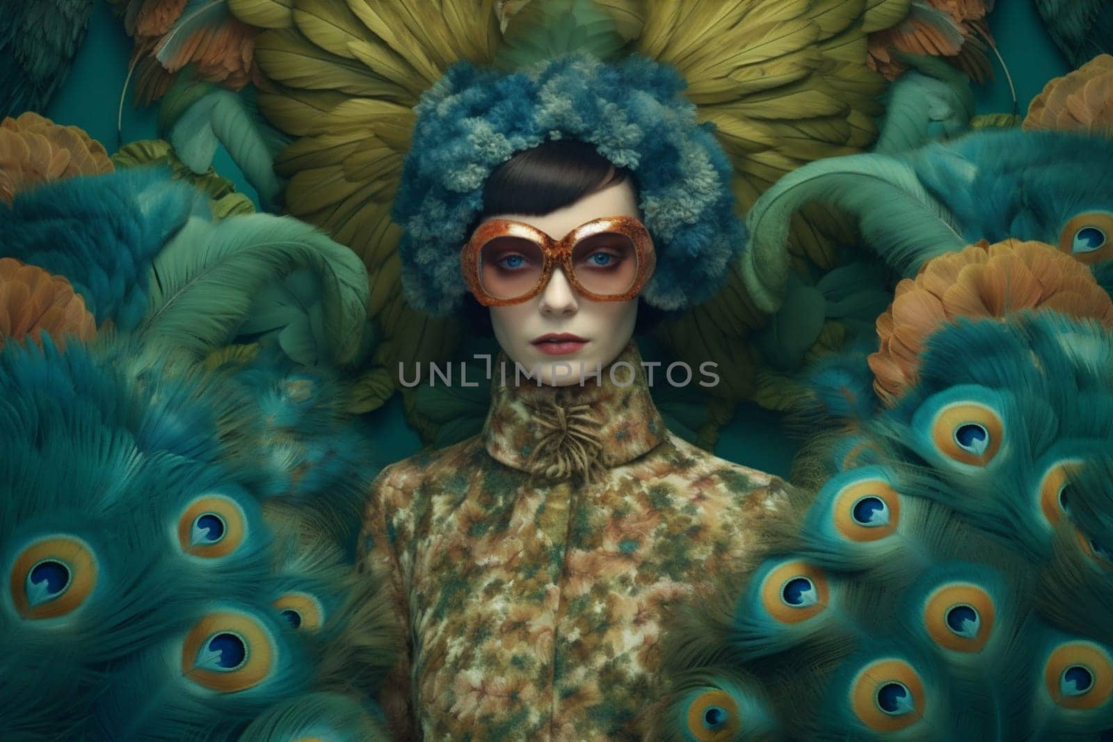 woman beauty glamour young female jungle fashion face bird beautiful peacock. Generative AI. by Vichizh