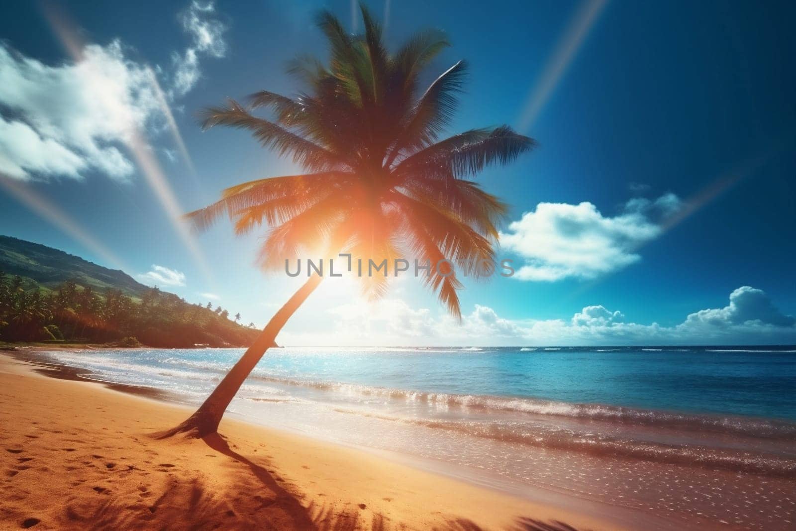 sky sunrise island landscape sunset sun beach ocean palm sea. Generative AI. by Vichizh