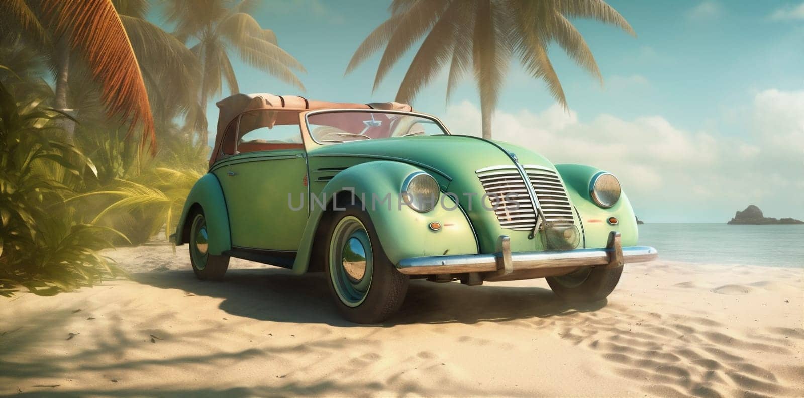 car vacation road retro tropical vintage beach travel trip summer. Generative AI. by Vichizh