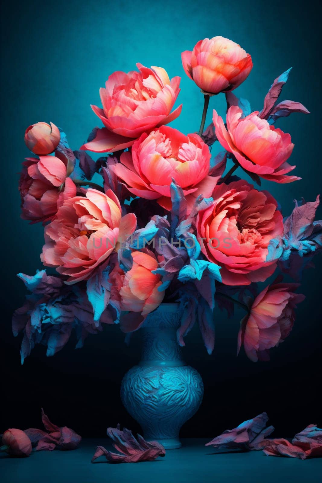 flora design peony bright colours bloom flower blossom neon nature. Generative AI. by Vichizh