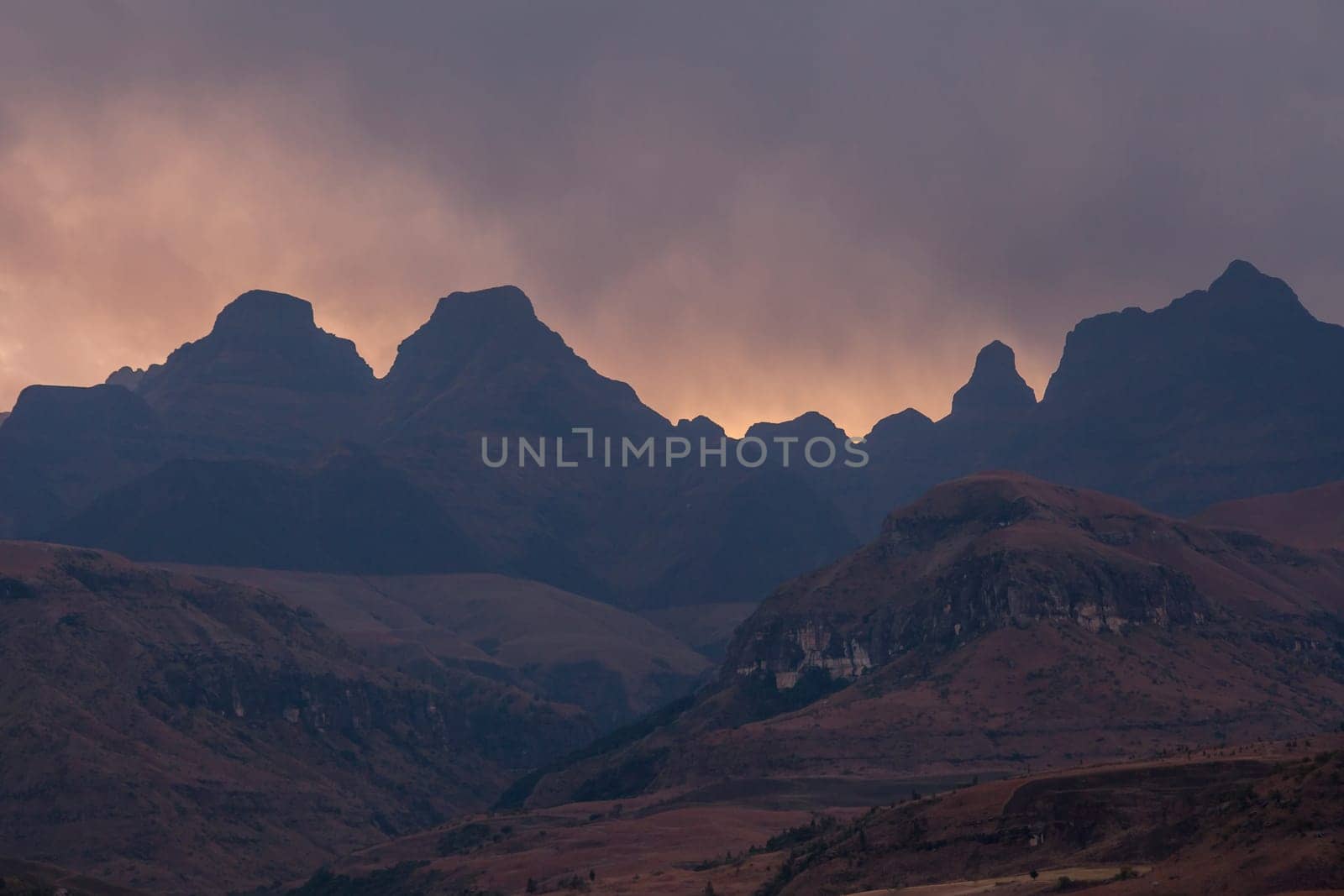 Sunset at Cathedral Peak in the Drakensberg Mountains. KwaZulu-Natal Province, South Africa