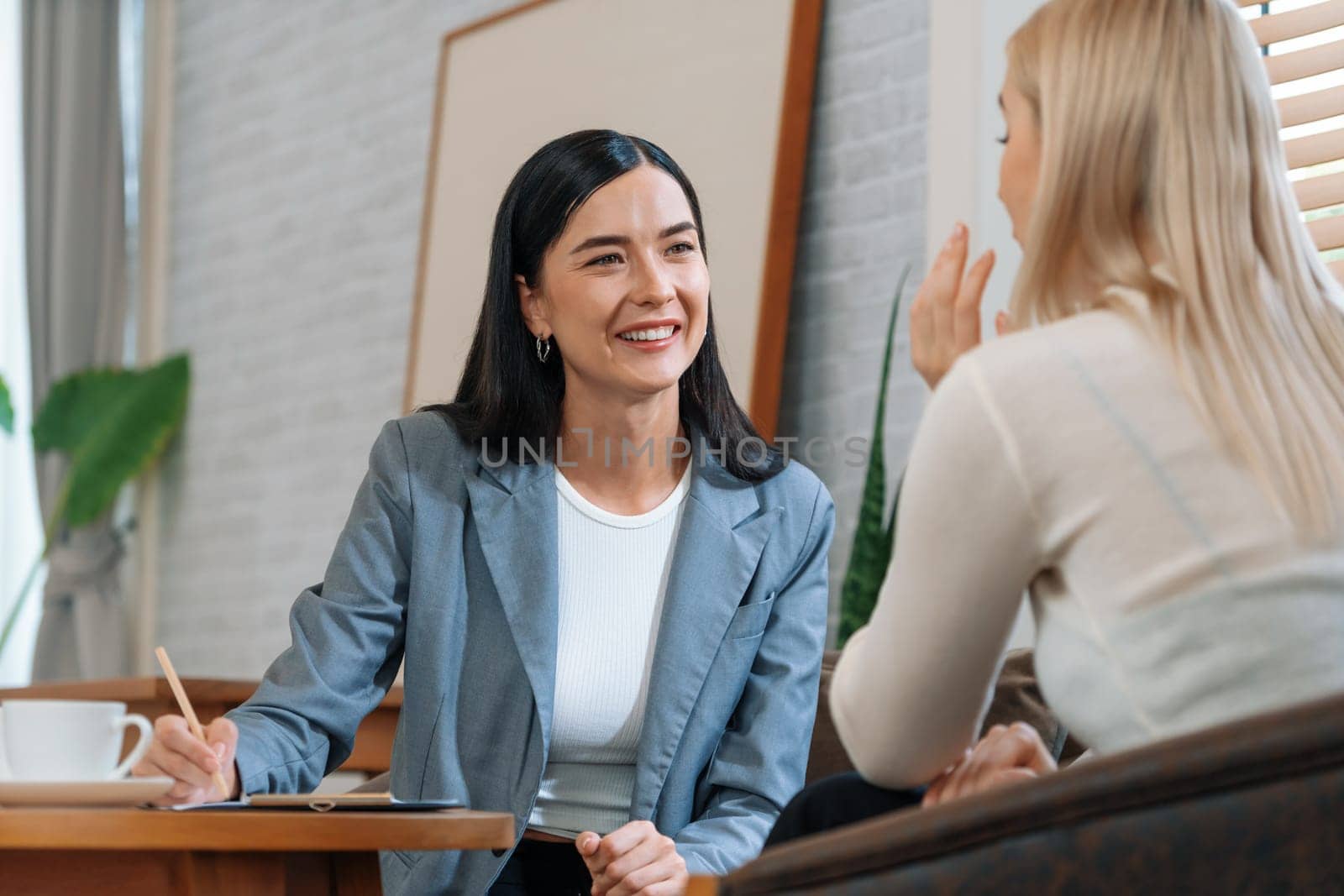 Psychological consultation on mental health or seeking help from professional, young patient on therapy session while psychiatrist making diagnostic on mental illness. Mental treatment session. Blithe