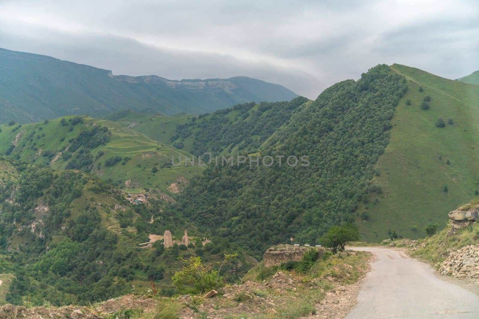 Caucasian mountain. Dagestan. Trees, rocks, mountains, view of the green mountains. Beautiful summer landscape. by Matiunina