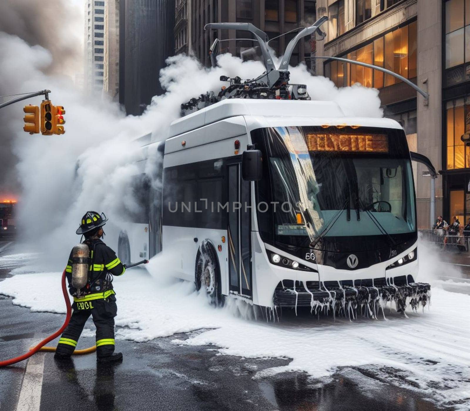 electric hybrid city bus burn bottom chasis, firefighter apply foam to extinguish flames big smoke ai generated